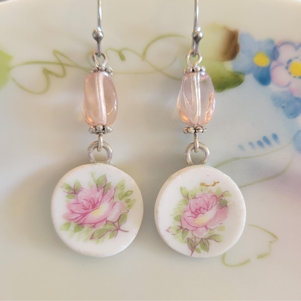 Handcrafted Broken China Pink Roses Round Earrings